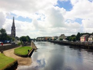 Ballina on the River Moy with St. Muredach's Cathedral on the left.