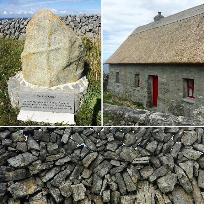 A mass rock, island cottage and stone wall 