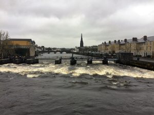 A view of Ballina at the weir on the river Moy, CO. Mayo on a wet day.