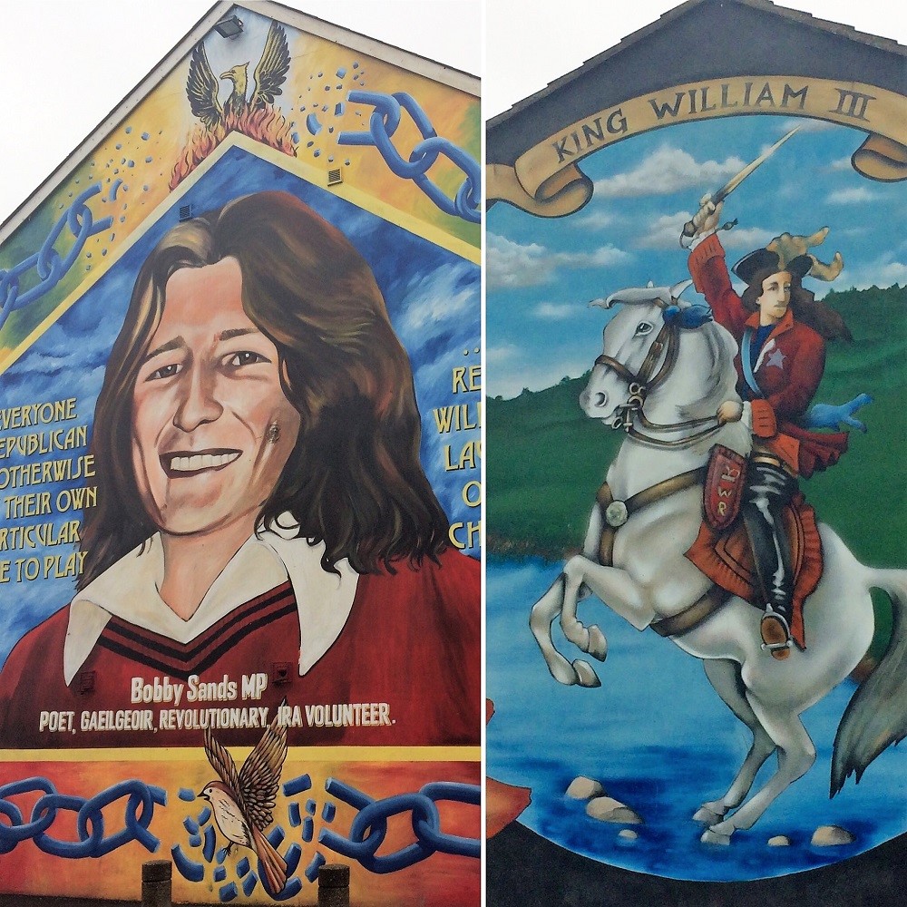 Two murals symbolising both sides of the religious divide.